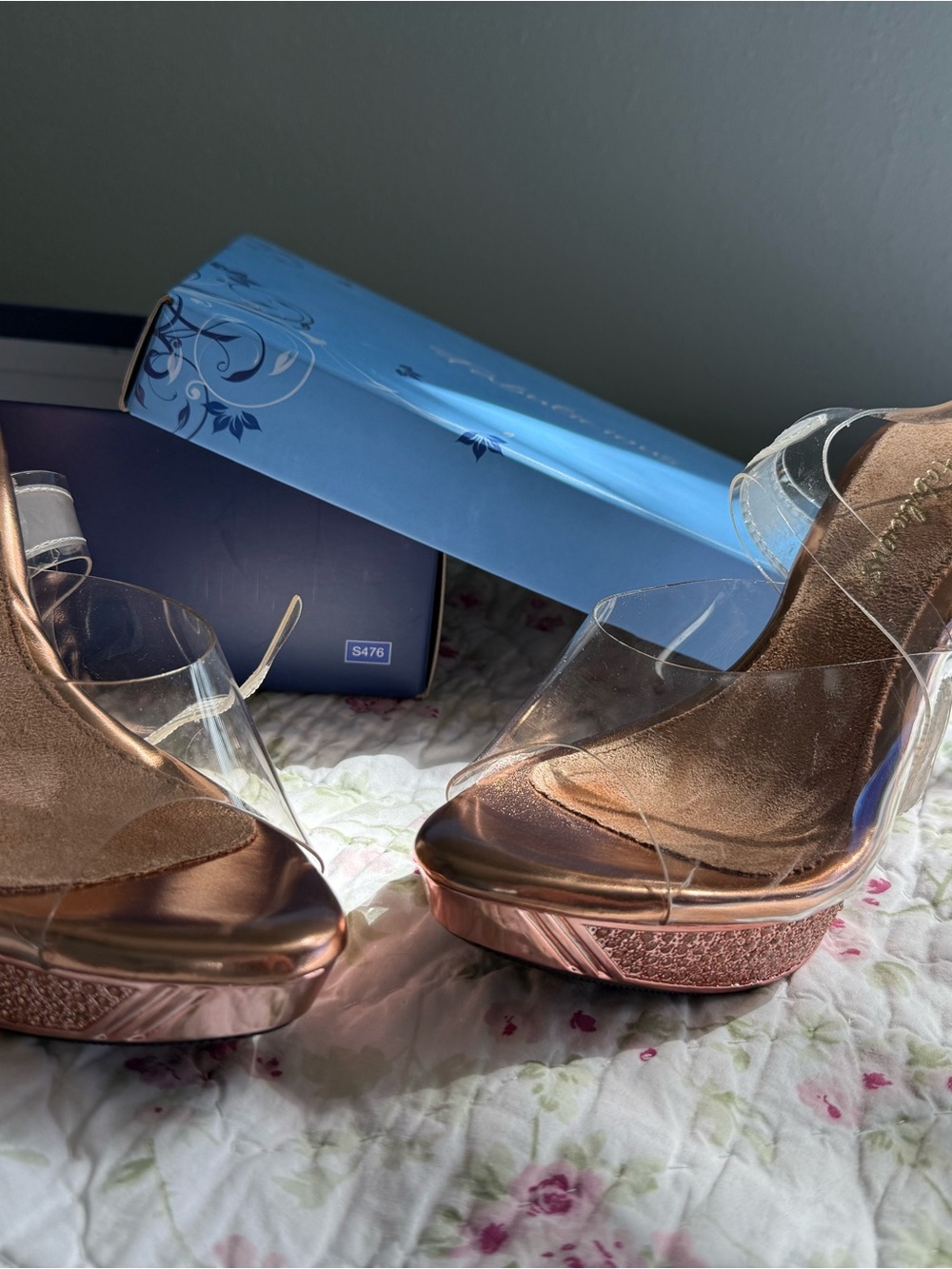 Rose Gold Platform Heels with Clear Straps - Picture 2 of 8